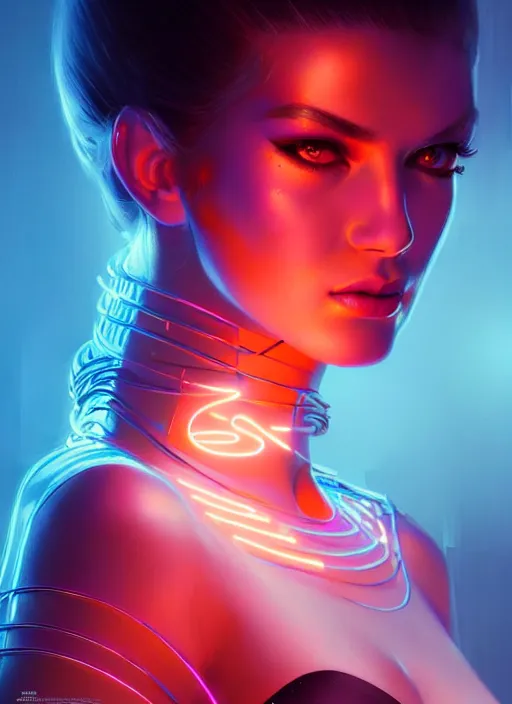 Image similar to portrait of female humanoid from 6 0 s era, intricate, elegant, cyber neon lights, highly detailed, digital painting, artstation, glamor pose, concept art, smooth, sharp focus, illustration, art by artgerm and greg rutkowski