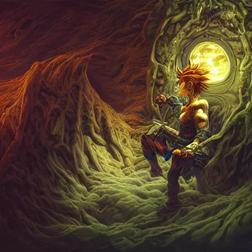 Image similar to photorealistic chrono trigger in the style of michael whelan and gustave dore. hyperdetailed photorealism, 1 0 8 megapixels, amazing depth, glowing rich colors, powerful imagery, psychedelic overtones, 3 d finalrender, 3 d shading, cinematic lighting, artstation concept art