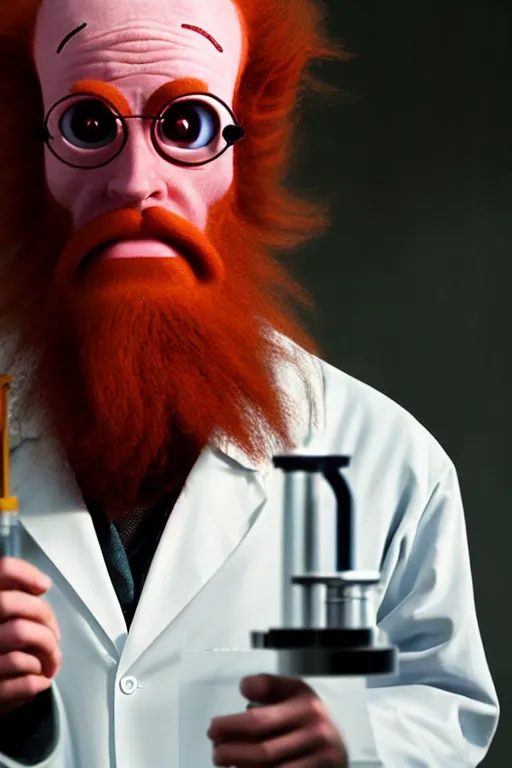 Prompt: an awkwardly tall scientist with 3 eyes and a tangled beard and unruly red hair atop his balding head wearing a labcoat and holding a beaker, high resolution film still, movie by Ivan Reitman, 3rd eye in the middle of the forehead