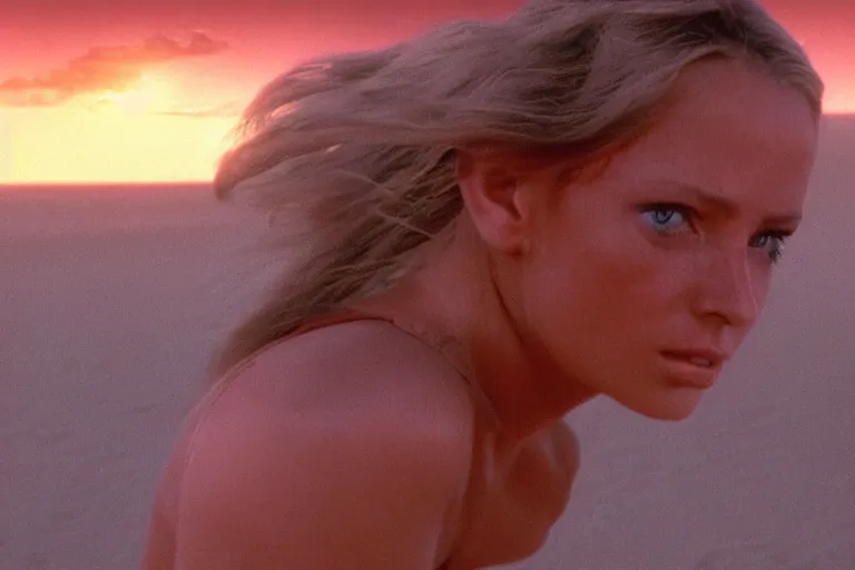 Prompt: a cinematic headshot portrait of a bikini girl in the movie dune, in a serene vast desert, film still, cinematic, movie still, dramatic lighting, 1 6 : 9 ratio
