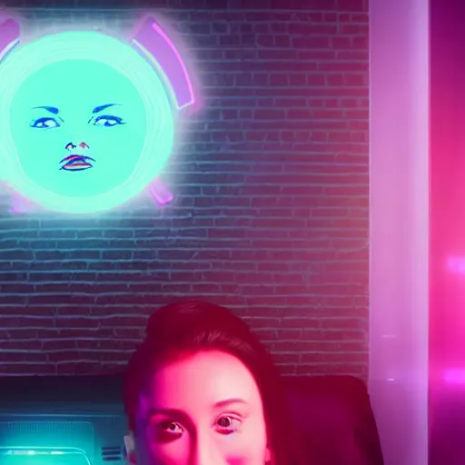 Prompt: a cyberpunk woman with a head fully replaced by a TV that glows pink