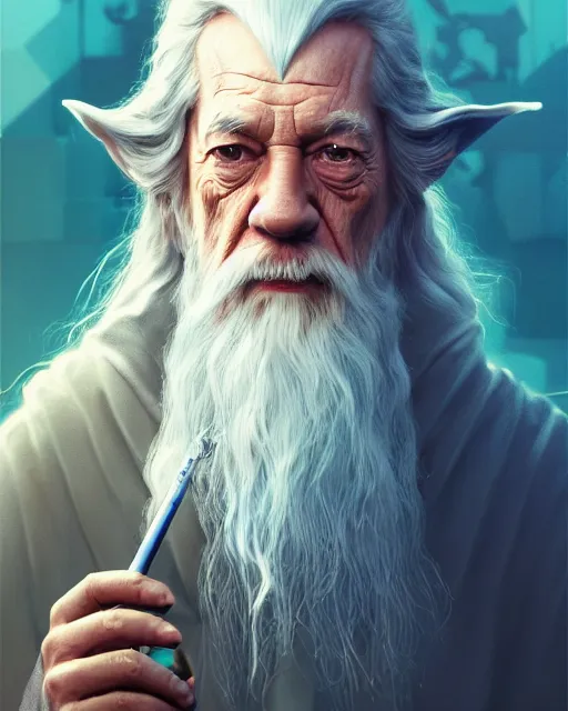 Image similar to portrait of gandalf smoking bong, intricate abstract. intricate artwork, by tooth wu, wlop, beeple, dan mumford. concept art, octane render, trending on artstation, greg rutkowski very coherent symmetrical artwork. cinematic, key art, hyper realism, high detail, octane render, 8 k, iridescent accents