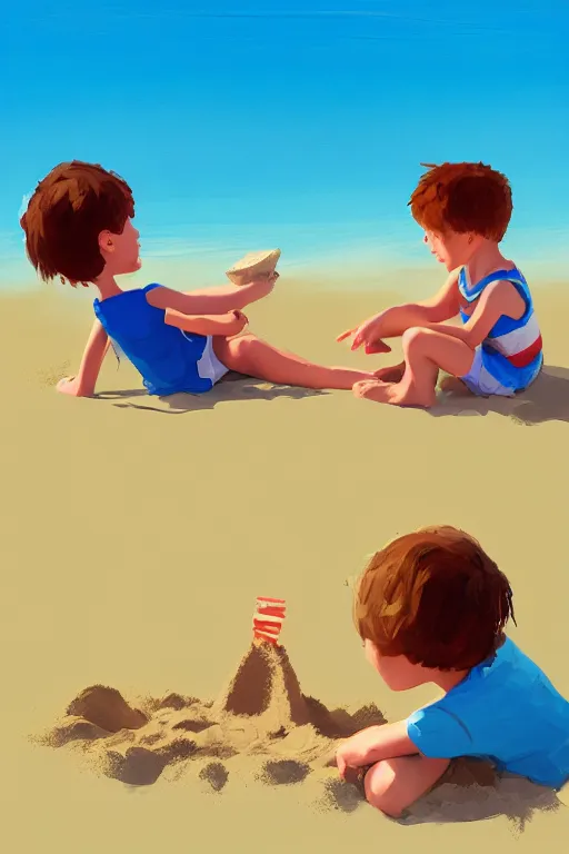 Prompt: Two children sitting on the sand, making sandcastles, blue sky, digital painting, artstation, concept art, smooth, sharp focus, behance, HD, by Benji Davies