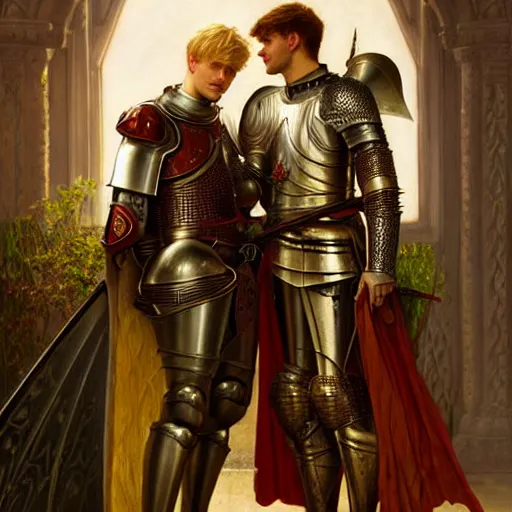 Image similar to attractive arthur pendragon and his favourite attractive male knight, they are in love, camelot, natural lighting, path traced, highly detailed, high quality, digital painting, by gaston bussiere and ross tran and j. c. leyendecker and alphonse mucha