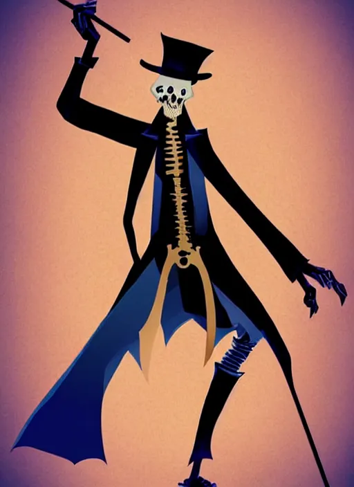 Image similar to DND character concept, Tall skeletal figure, wearing a deep black suit!!! and tie and top hat, holding a golden cane. Surrounded by light blue!!! flames!!