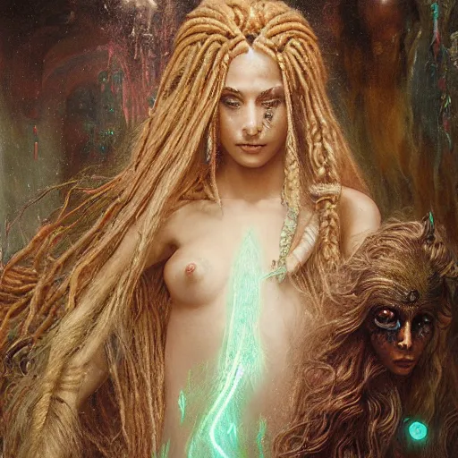 Image similar to birth of sumerian goddess inanna ishtar, ashteroth, techno mystic goddess princess intergalactica, with aqua neon rapunzel dreadlocks, mami wata, detailed, by gaston bussiere, bayard wu, greg rutkowski, giger, maxim verehin, greg rutkowski, masterpiece, sharp focus,