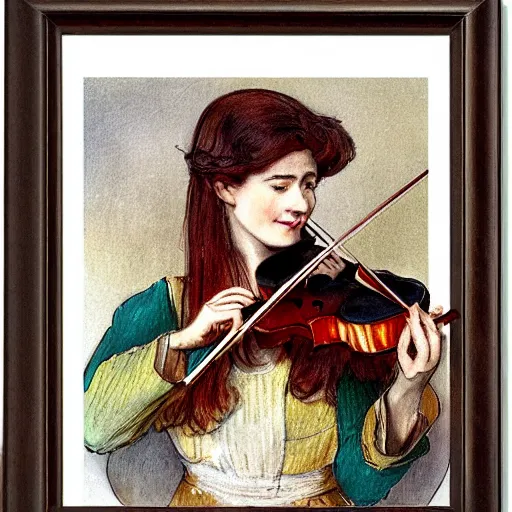 Image similar to A young edwardian woman playing a violin inside a church, in the style of carl larsson