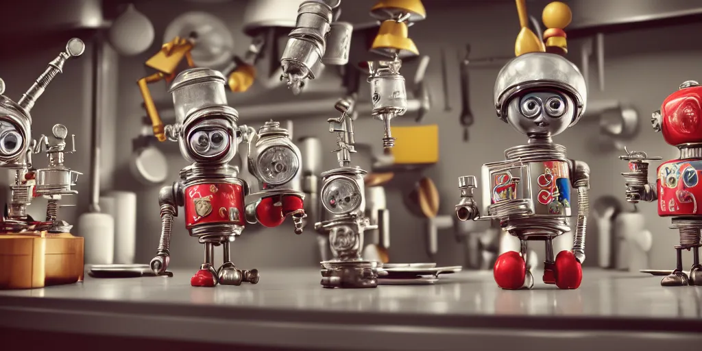 Image similar to closeup portrait of tin toy retro robot scientists in a kitchen, cooking pastry with flasks, depth of field, zeiss lens, detailed, centered, fashion photoshoot, by nicoletta ceccoli, mark ryden, lostfish, breathtaking, 8 k resolution, extremely detailed, beautiful, establishing shot, artistic, hyperrealistic, octane render