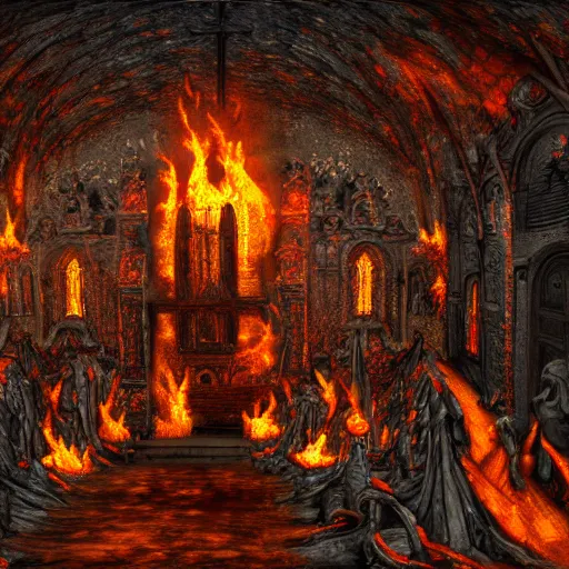 Image similar to church in hell, 8k, ultra detailed