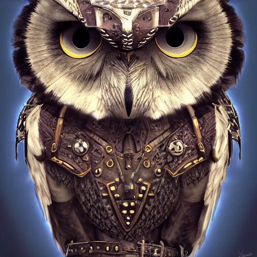 Image similar to a Warrior owl art nuveau, steampunk, symmetry, full frame, cinematic light , unreal engine,