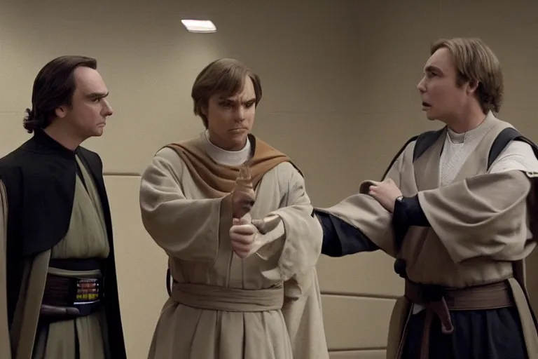 Prompt: a jedi master anakin skywalker is defended in court by saul goodman also known as jimmy mcgill, court session images, 1 0 8 0 p, court archive images