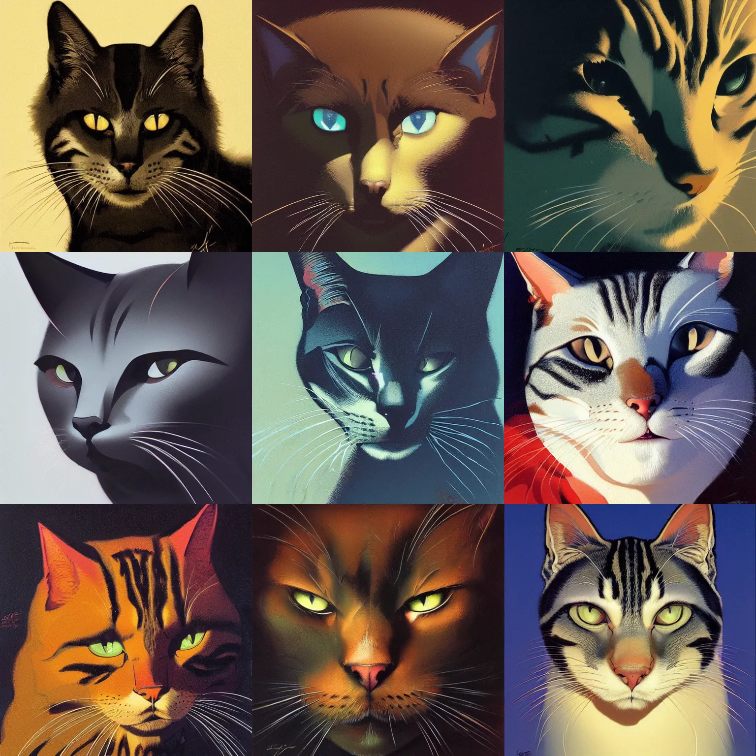 Prompt: dramatic face portrait of the cat by Eyvind Earle moebius Lohuller gyuri Craig Mullins