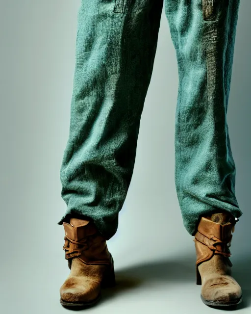 Image similar to a closeup photo of a ancient male model wearing a teal boot cut flared distressed medieval designer menswear trousers designed by kapital, 4 k, studio lighting, wide angle lens, 2 0 0 4