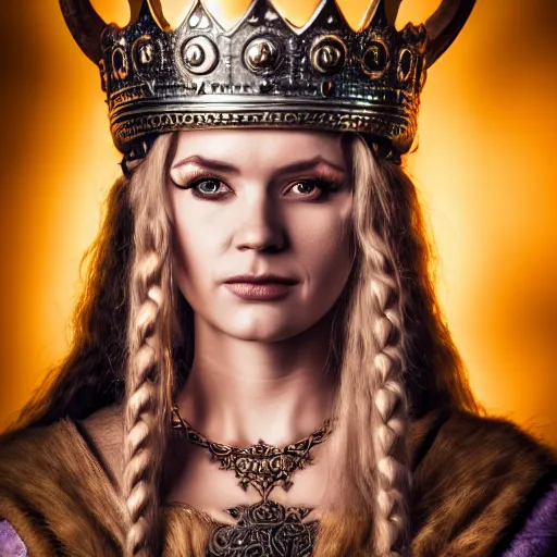 Prompt: photo of a beautiful viking queen with ornate crown and robes, highly detailed, 4k, HDR,