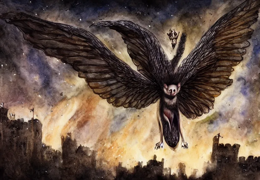 Image similar to epic winged possum flying over a medieval castle under a dark starred sky, dark fantasy, watercolor, dreaming illusion, highly detailed, 4k, trending on Artstation, award-winning