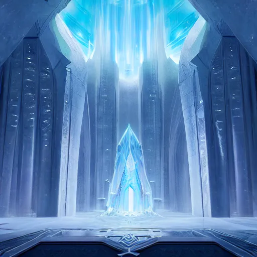 Prompt: a spiritual matte painting by feng zhu of a contemporary crystal throne room, unreal engine, ue5, concept art, wide angle, high detail, 4k hd wallpaper