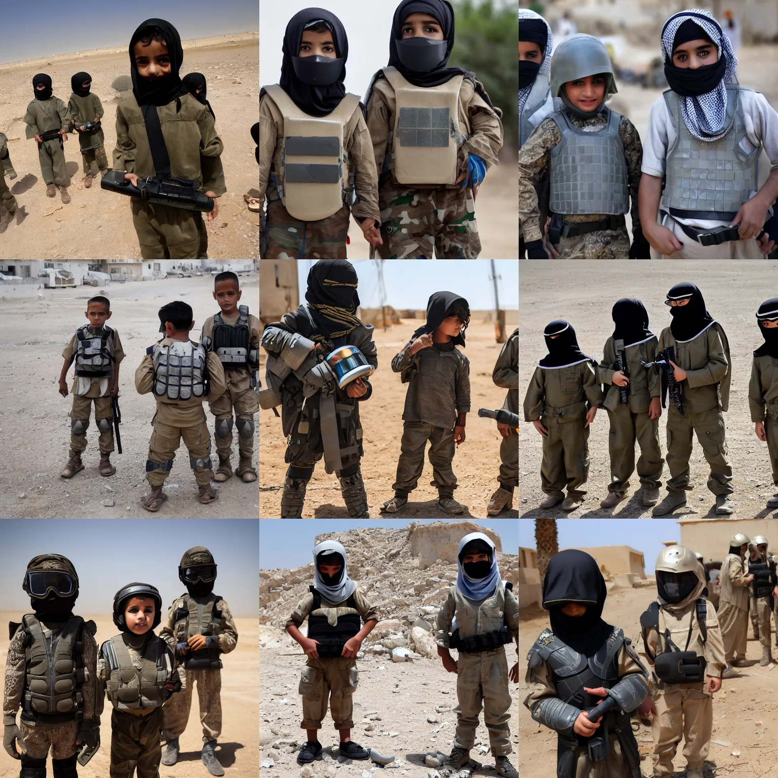 Prompt: Middle East children wearing kevlar armor, reporter photograph, 4k