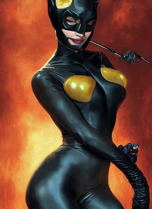 Prompt: A beautiful portrait of a Daria Strokous as Catwoman from Batmap, digital art by Eugene de Blaas and Ross Tran, vibrant color scheme, highly detailed, in the style of romanticism, cinematic, artstation, Greg rutkowski