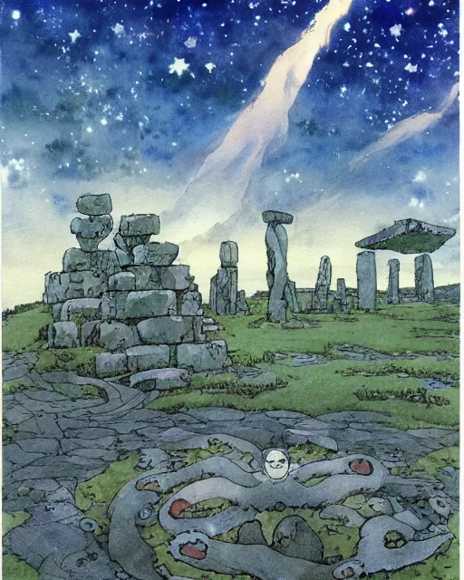 Image similar to a hyperrealist studio ghibli watercolor fantasy concept art. in the foreground is a giant grey octopus building and putting stones in to place on top of stonehenge with a starry sky. by rebecca guay, michael kaluta, charles vess