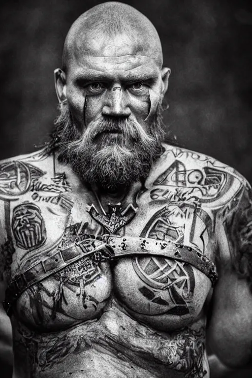 Prompt: a cinematic view of wide bw photo from a very ornated old man viking berseker, half shaved haircut, showing nordic tattoos in the chest, scars in the face, long beard, using leather armour with bones, photorealistic, volummetric light, detailed, texturized, leica lens high quality