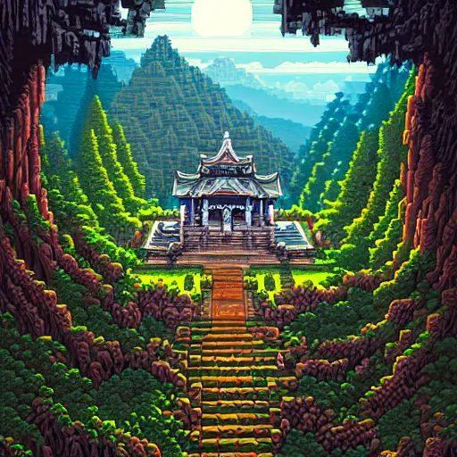 Image similar to mysterious temple in the mountains, fantasy landscape, extremely detailed, sharp focus, pixelart, wide view, digital illustration, by dan mumford, greg rutowski, johan grenier