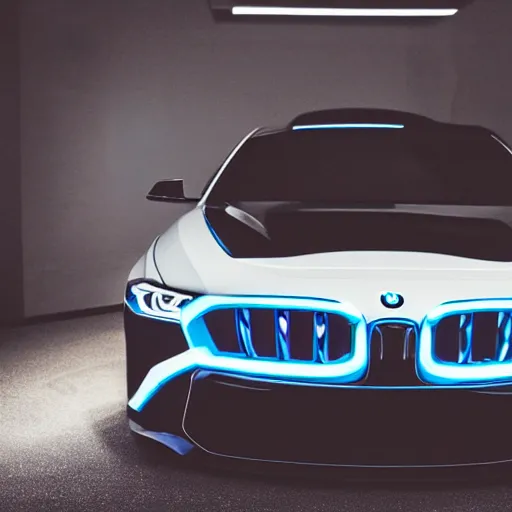 Prompt: product shot of black BMW, neon lights