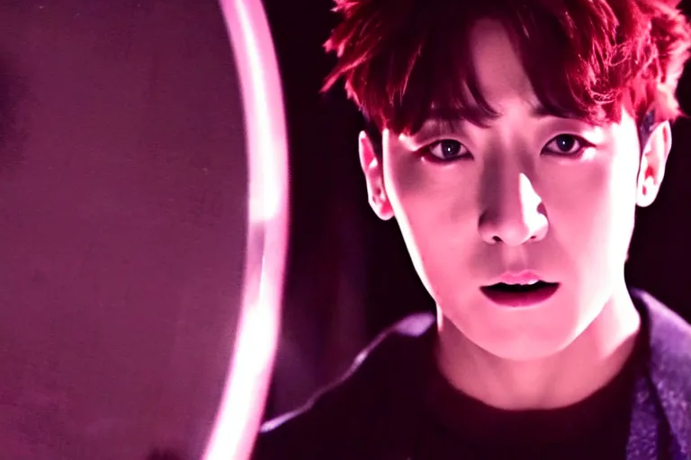 Image similar to film still of jungkook in cosmic horror! the musical by david cronenberg, horror sci fi, 3 5 mm film, atmospheric, ultra fine detail, film grain, photorealistic, dramatic lighting