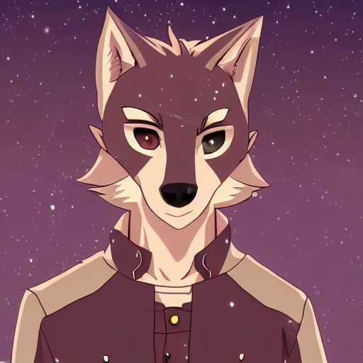 Image similar to key anime visual portrait of a handsome male anthro wolf furry fursona wearing a leather outfit downtown at night, bokeh background, official modern animation