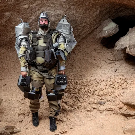 Prompt: photo, an ultra - tactical combat army schnauzer in futuristic battle armor with bandoliers and ammo pouches and boots and goggles, inside a rocky alien tunnel, volumetric lighting, ultradetailed