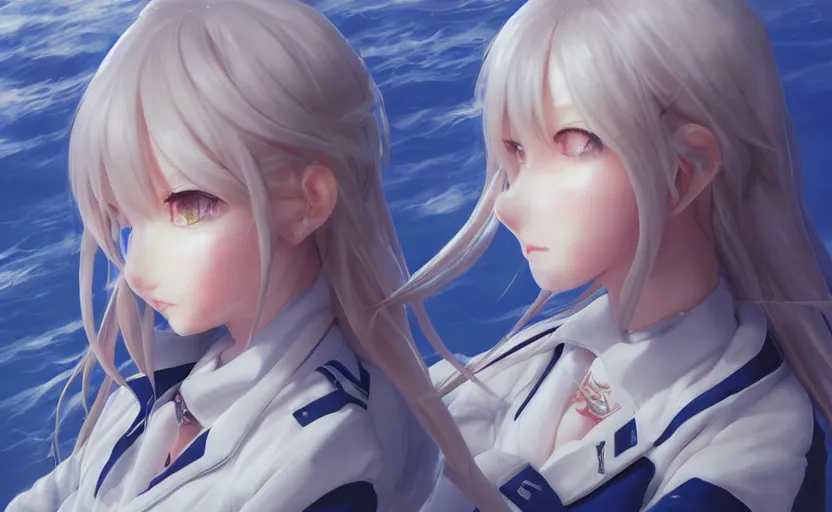 Image similar to highly detailed, character art, octane, stunning, realistic lightning, realistic ocean, characters from azur lane, matte, sharp focus, intricate, 150mm, illustration, artstation, art by akio watanabe, realistic anatomy, smooth, female sailor uniforms, black line art
