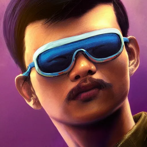 Image similar to very detailed masterpiece closeup painting of a very handsome young indonesian with small mustache cyberpunk man with light blue shutter shades, one side haircut, brown hair with light blue ends, purple leather jacket, beauty mark on cheek, portrait, synthwave background, artstation, concept art by greg rutkowski