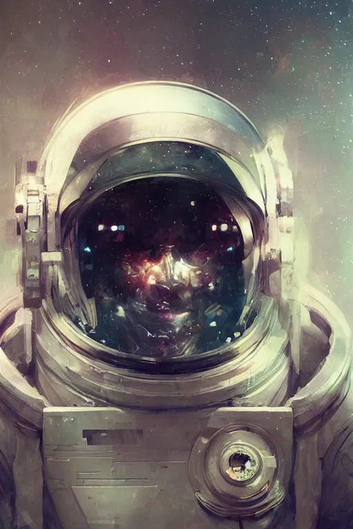 Prompt: portrait of an astronaut in 3 / 4 view wearing a very futuristic helmet with cybernetics and wirings, vaporwave aesthetic, dreamcore by craig mullins, ruan jia, kentaro miura, greg rutkowski