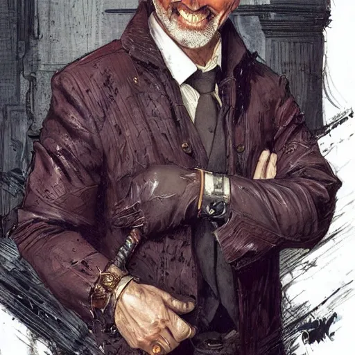 Image similar to portrait of a treasure hunter, grizzled man smiling brightly in his 5 0 s with dark hair and sharp cheekbones, dressed in expensive clothes, detailed face, smooth, sharp focus, graphic novel, art by artgerm and greg rutkowski and pepe larraz,