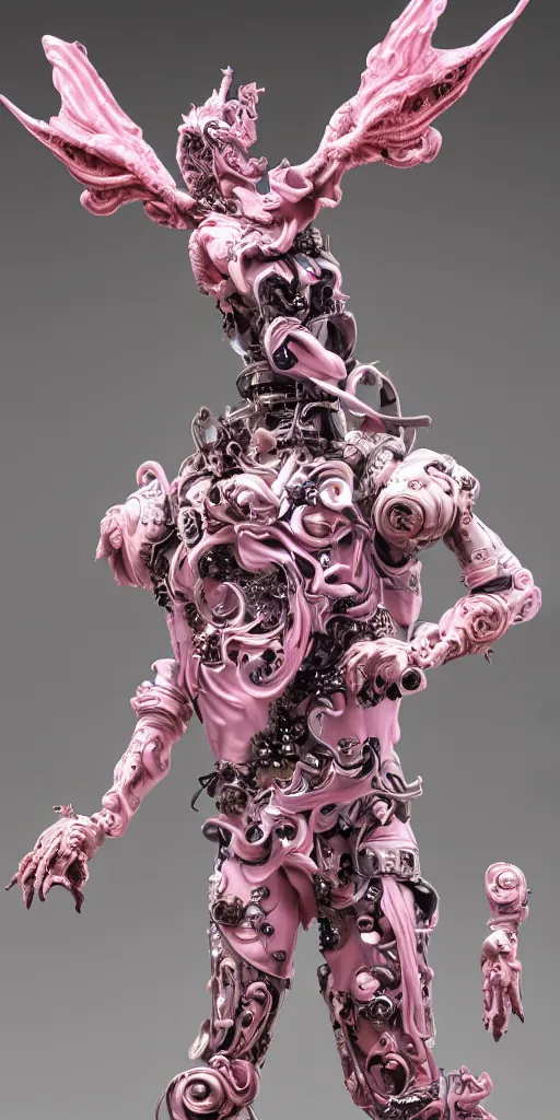 Image similar to full-body baroque and cyberpunk style porcelain sculpture of a young seductive Hispanic prince half android with a chest exposing a glowing gemstone battery, glowing pink seductive laser eyes, crown of blue gears and diamonds, swirling salmon-colored silk fabric, robotic raptors dinosaurs. baroque elements. full-length view. intricate artwork by caravaggio. art by Artgerm and Greg Rutkowski and Alphonse Mucha, Trending on artstation, cinematic industrial lighting, hyper realism, octane render, 8k, depth of field, 3D