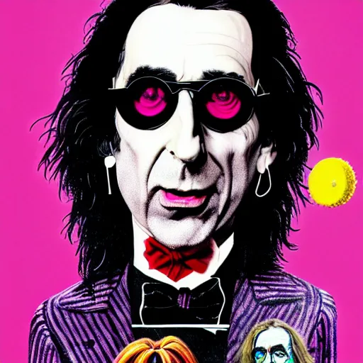 Image similar to graphic illustration, creative design, alice cooper as willy wonka, biopunk, francis bacon, highly detailed, hunter s thompson, concept art