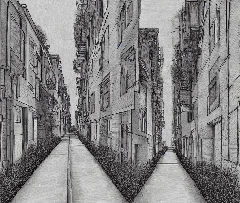 Image similar to A long hallway strip of tall houses on the left and right side of a neighborhood in the fall months, rotoscoped, rotoscope, photoshop, photomanipulation, realism, painting, illustration and sketch, weird scribbles, hybrid styles, hybrid art styles, mismatched, trending on artstation, trending on deviantart, weird, quirky, interesting, very detailed, highly detailed, HD Quality, 4k resolution, 8k resolution, colored with orange brown yellow and red, in the style of David Firth, in the style of James Lee, in the style of Drue Langlois,