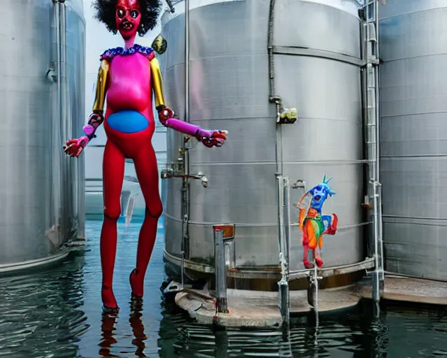 Prompt: beautiful clown girl robot alien standing on a water tank