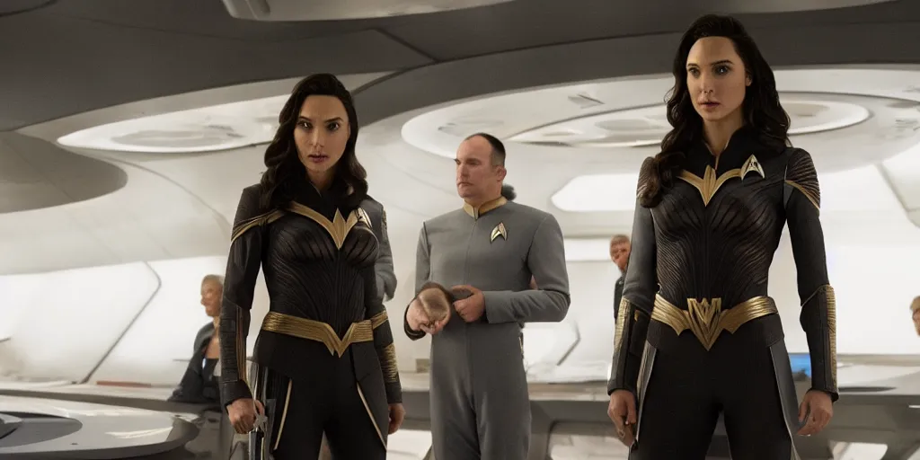 Image similar to gal gadot, in full starfleet uniform, is the captain of the starship enterprise in the new star trek movie