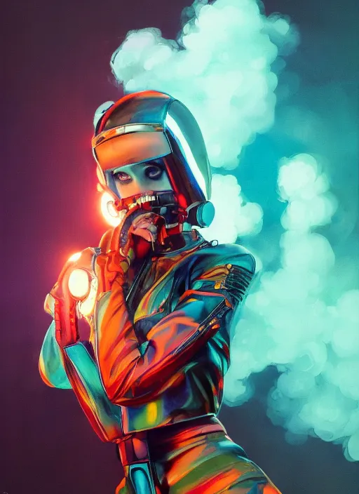 Image similar to symmetry!!! closeup portrait of a cyborg vape girl, fashion racing jumpsuit with shiny shoulder pads, cinematic light, windy, teal orange, volumetric smoke, mist, by gerald brom, by mikhail vrubel, by peter elson, muted colors, extreme detail, trending on artstation, 8 k