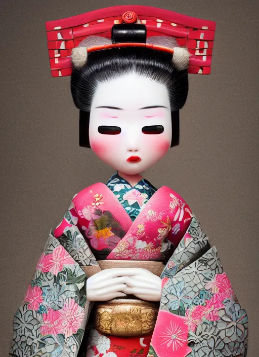 Image similar to closeup portrait of tin toy japan geisha kimono girl trap, depth of field, zeiss lens, detailed, symmetrical, centered, fashion photoshoot, by nicoletta ceccoli, mark ryden, lostfish, breathtaking, 8 k resolution, extremely detailed, beautiful, establishing shot, artistic, hyperrealistic, octane render