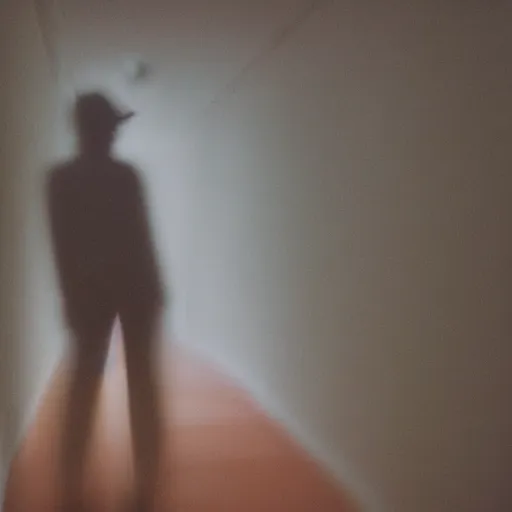 Prompt: a dream-like hazy rendition of a figure in a hallway, arms akimbo