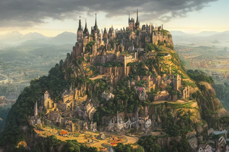 Image similar to an ultra detailed matte landscape painting of an german renaissance capital city built into the side of a mountain with many tall spirally towers, sweeping vista, tiny coastal fishing village very far away, ultrawide lens, aerial photography, 8 k, volumetric lighting, smooth, highly detailed, digital illustration, art by greg rutkowski and akira toriyama and artgerm