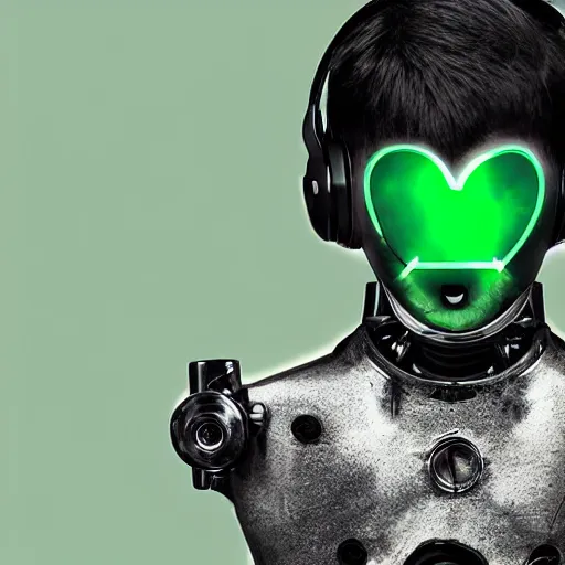 Prompt: sci-fi mechanical exploding pulsating human green heart of a 14yo boy, clockwork mechanical, sci-fi jewellery, hyper realistic, human anatomy, robot, listening to music through headphones, background is a green cotton surgical sheet
