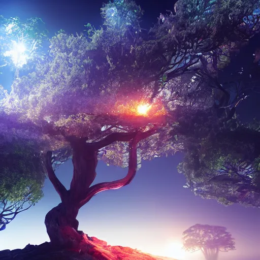 Prompt: photorealistic, magic tree, futuristic scifi, top of mountain, asian art, volumetric lighting, 8 k