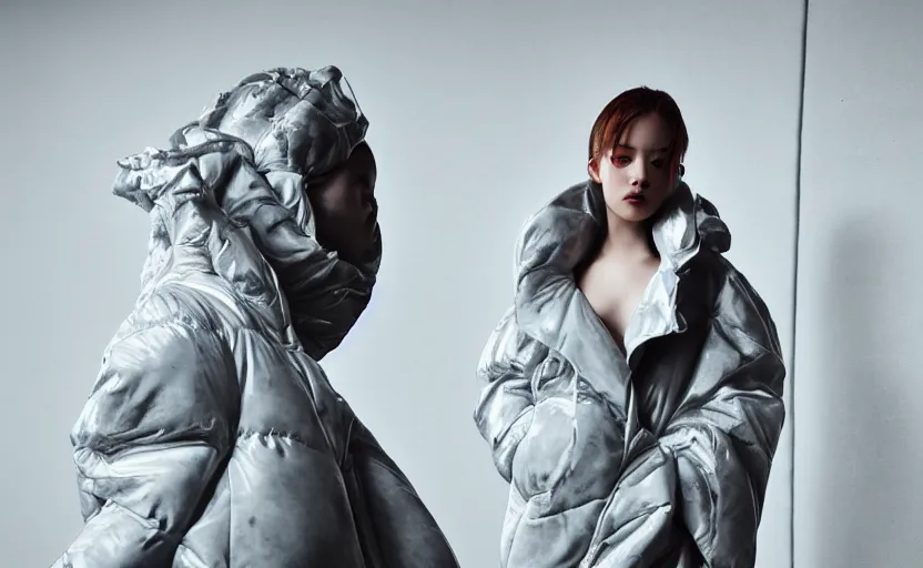 Image similar to well lit fashion shoot portrait of extremely beautiful female marble statue wearing huge over size puffer jacket by dingyun zhang, yeezy, balenciaga, vetements, a cold wall, sharp focus, clear, detailed,, cinematic, detailed, off white, glamourous, symmetrical, vogue, editorial, fashion, magazine shoot, glossy