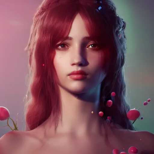 Prompt: the gorgeous princess of strawberries, unreal engine and octane render, volumetric lighting, symmetrical portrait, beautiful young woman, character concept art, trending on cgsociety, perfect composition, intricate, highly detailed, cinematic lighting