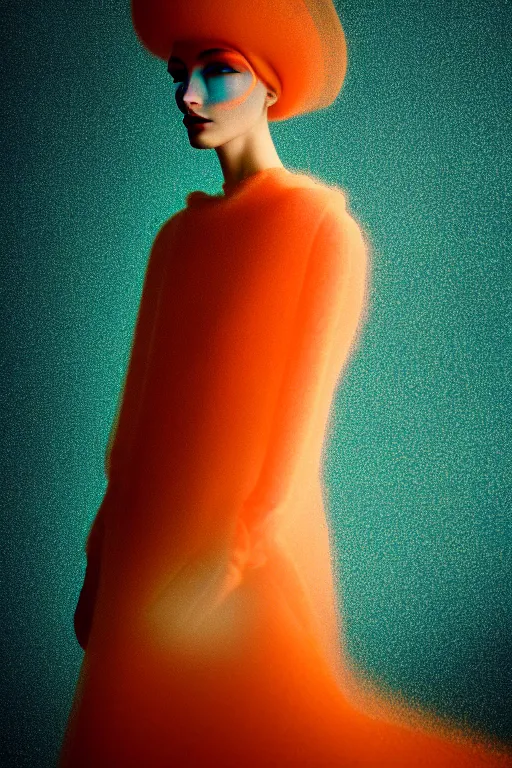 Image similar to a robotic model wearing haute couture from vintage chanel, macro photography, long exposure photograph, surrealism, anamorphic bokeh, cozy, soft light, orange and teal, caustic, atmospheric fog, octane render, cinematic