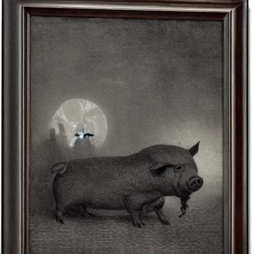 Image similar to pig in a tuxedo, illustration by Gustave Doré, high detail, eerie, barn, creepy, dark, night, misty, moon, chiaroscuro, film noir