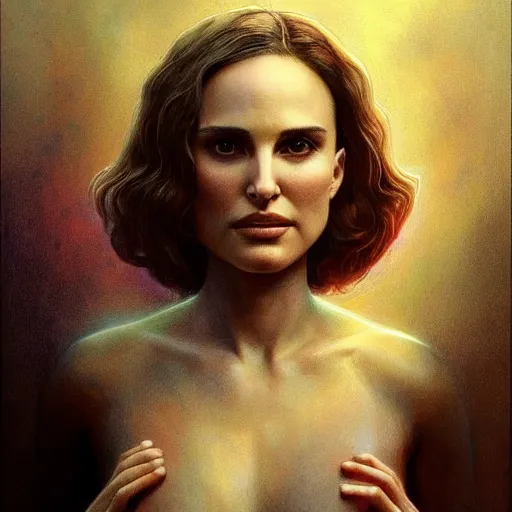 Image similar to an art nouveau portrait of natalie portman in dramatic lighting, depth of field background, artstation, award - winning realistic sci - fi concept art by jim burns and greg rutkowski, beksinski, a realism masterpiece, alphonse mucha,