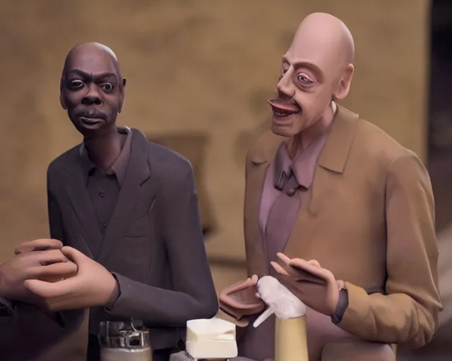 Prompt: A photo of Dave Chappelle and Steve Buscemi doing Cocaine, By Rainer Hosch, claymation